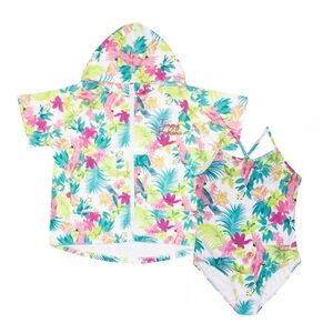 Tommy Bahama Girls 4-5Y Tropical Zip-Up Hooded Cover Up And One Swimsuit Set NWT